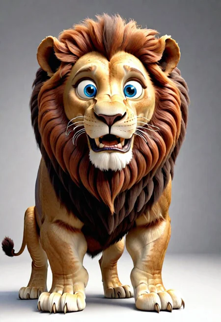 3d,art by pixar,cartoon, a fleshmutant cute lion with big brown mane and blue eyes