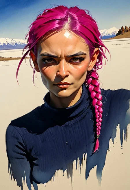 (resplendent highlighting) in the style of casual line and wash sketch, hauntingly beautiful, a drawing of a githyanki woman with tightly braided pink hair, very small nose, (detailed anatomy and defined musculature:1.0) prominent cheekbones, looking at viewer (elated expression:1.2), focus on the face, strong stance (ultraviolet hues:1.0) by Chien Chung Wei, Jaroslava Korol, carson ellis, nixri, Travis Charest, Emile Friant, Adam Hughes with bill sienkiewicz and marilyn minter influence, high-contrast lighting, rough details, dark-black sweater, backdrop of salt flats and mono lake, aidmamj6.1, 3xpr3sgg0th1cn30n1nc4s3, ExpresHGothicNeonIncaseUOC, ExpresHGothicNeonIncase