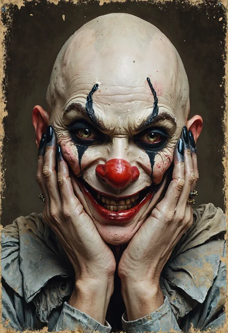 This is a digital photo with a vintage, slightly grainy texture, depicting a bald man with a pale complexion and a mischievous grin. His face is painted with exaggerated clown makeup: black, heavy eyeliner forming a "V" shape under his eyes, and bright red circles around his eyes, creating a clownish effect. His nose is painted red, and he has a small, round red mouth. The man's fingers are painted black, and he is playfully holding his cheeks with his hands, which are positioned near his face. The background is a dark, gradient brown, providing contrast to the lighter tones of his face and hands. The overall aesthetic of the image blends humor and fantasy, reminiscent of classic circus clowns. The man's expression is playful and slightly sinister, with a hint of mischief in his eyes. The style is a mix of photorealistic and cartoonish, capturing both the texture of real skin and the exaggerated features of a clown.