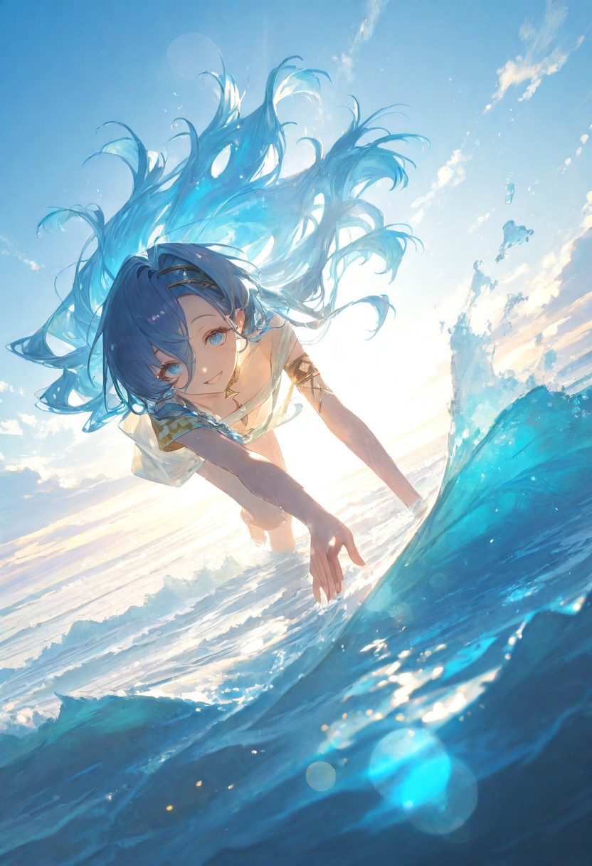 ((1girl,37\(reverse:1999\),looking at viewer, smiling, petite, wide eyes, blue theme)),,lots of cloud of different shades, full body, windy, floating hair, solo, ((impressionism, excellent depth of field, partly realistic texture, dramatic lighting,oil painting \(medium\),)),beach, seaside, ancient greece, blue sea,daylight, light scattering, bright sky, sharp focus, newest, absurdres, highres, very aesthetic, masterpiece, eye-catching,usnr, beautiful body, detailed skin features,,beautiful eye details, bright colors, vivid colors,contrast, blue hair, blue eyes , extreme contrast, foreshortening, high resolution, best quality, ultra high definition, extremely high detail, close-up, cinematic field of view, perfect composition, intricate details, bokeh, wet,playing in the water,playful pose,childlish
