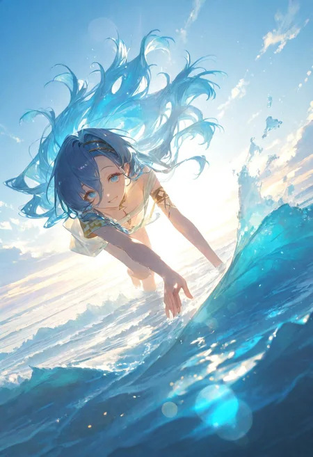 ((1girl,37\(reverse:1999\),looking at viewer, smiling, petite, wide eyes, blue theme)),,lots of cloud of different shades, full body, windy, floating hair, solo, ((impressionism, excellent depth of field, partly realistic texture, dramatic lighting,oil painting \(medium\),)),beach, seaside, ancient greece, blue sea,daylight, light scattering, bright sky, sharp focus, newest, absurdres, highres, very aesthetic, masterpiece, eye-catching,usnr, beautiful body, detailed skin features,,beautiful eye details, bright colors, vivid colors,contrast, blue hair, blue eyes , extreme contrast, foreshortening, high resolution, best quality, ultra high definition, extremely high detail, close-up, cinematic field of view, perfect composition, intricate details, bokeh, wet,playing in the water,playful pose,childlish