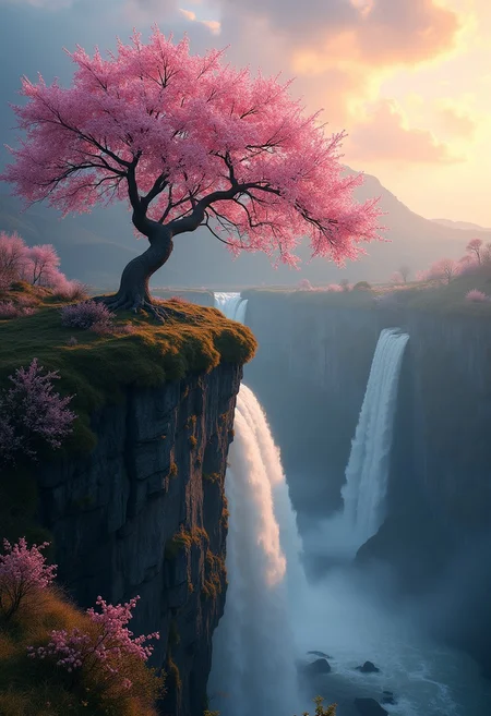 CONSISTENT photograpy of Blossom tree on sheer cliffside, Waterfalls at sunset, Serene and tranquil, Soft and dreamy.
8k, professional photography, masterpiece, sharp focus, (perfect composition), (rule of thirds composition), highly detailed, intricate detailed, perfect body anatomy, (((-bad hands -unnatural hands -fused fingers -too many fingers))), (((wide angle lens))), ambience lighting, (((cinematic))), eye level camera, taken with 30MP DSLR, photo realism, award winning photography, best quality