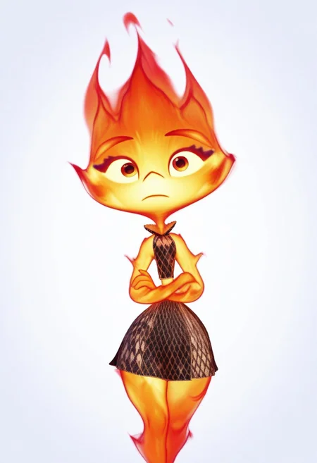 solo, 3mb3r_lum3n, fire, standing, looking at viewer, front view, blank background, arms crossed