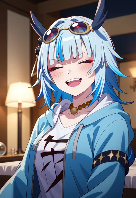 score_9,score_8_up,score_7_up,source_anime, OUROBOROS,1girl,solo,blush,smile,open mouth,jewelry,blue hair,jacket,collarbone,upper body,closed eyes,multicolored hair,:d,open clothes,teeth,virtual youtuber,hood,blunt bangs,necklace,streaked hair,v-shaped eyebrows,hoodie,upper teeth only,^ ^,parody,blue jacket,meme,beads,object on head,blue hoodie,