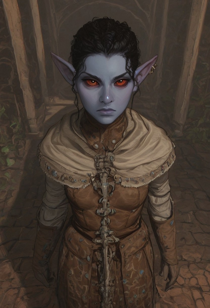 safe_pos, solo, short pointy ears, piercings, random elf face, aquiline features, female dark elf, brow rings, nose rings, beaded piercings, weathered skin, large nose, insect chitin armor, insect chitin helmet, insect chitin ornaments, stylized insect pattern, athletic build,  animated realism, zoomed out, Syrian features, torso, brass pipes and gears, intricate architecture, dwarven masonry, dwemer fixtures, white-green light, gloomy lighting, ancient ruins, interior, stone tiled floor, grey-blue skin, grey skin, mahogany and ivory clothes, medium armor, bone plate armor, ivory straps and fittings, alien bone ornaments, grey wood neckguard, red sclera, black pupils, blue-green light, neon, highly detailed, defined features, looking at viewer, three quarters view, from above, dynamic lighting, 19 years old, light and shadows, patterned cloth, annoyed expression, expressive eyes, detailed medieval clothes, medium_breasts, short hair, wavy hair, thick hair, beaded hair, braided hair, under cut hair, semirealistic, alien elf, spanish features, jewish features, black hair, dark red hair, umber skin, sharp features, pastel green inuit print cloak, nighttime, high detail, absurdres, pretty eyes, detailed eyes, red eyes,