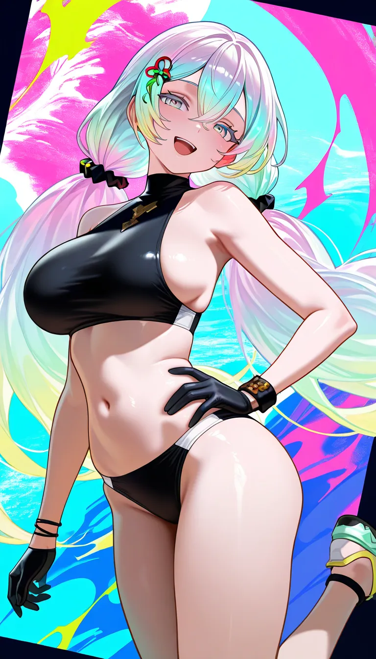 (masterpiece, best quality), amazing quality, very aesthetic, absurdres, highres, newest, HDR, 8K, high detail RAW color art, intricate details, high contrast, photo-referenced, detailed background, detailed background, beautiful detailed, beautiful face, blight face, large pupil, eyelashes, brilliant skin, shiny skin, perfect hand,
1girl, solo, cupitan\(granblue fantasy\), multicolored eyes, multicolored hair, hair scrunchie, black scrunchie, tankini, sleeveless, black bikini, black gloves, wristband, sideboob, skin dentation, head tilt, :d, smile, one legs up, hand on own hip, color full,