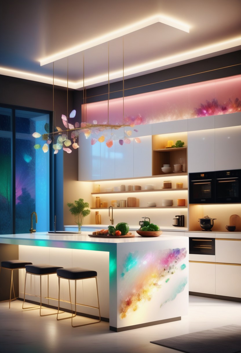 a Jed-Modern kitchen decorated with multicolored Jed-Auquartz ,masterpiece, full of details,ambient light, photorealistic, sharp and in focus