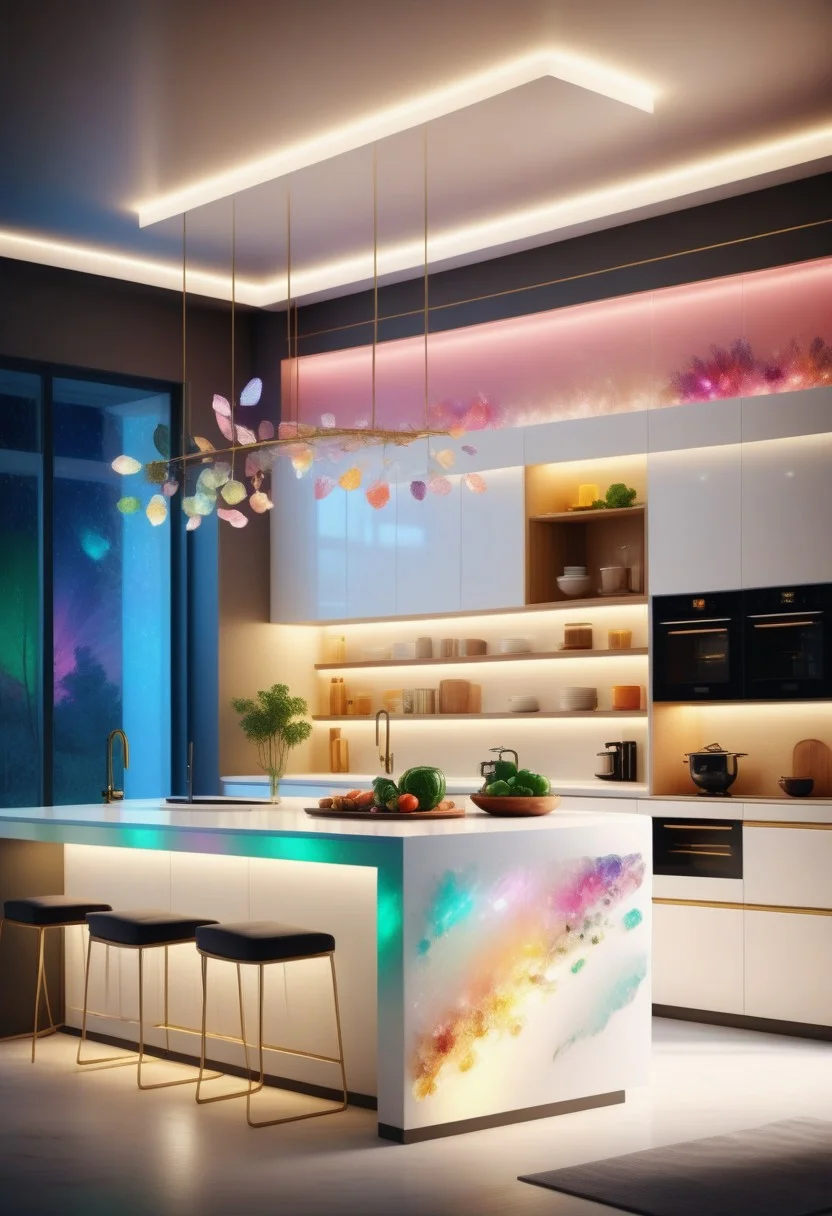 a Jed-Modern kitchen decorated with multicolored Jed-Auquartz ,masterpiece, full of details,ambient light, photorealistic, sharp and in focus