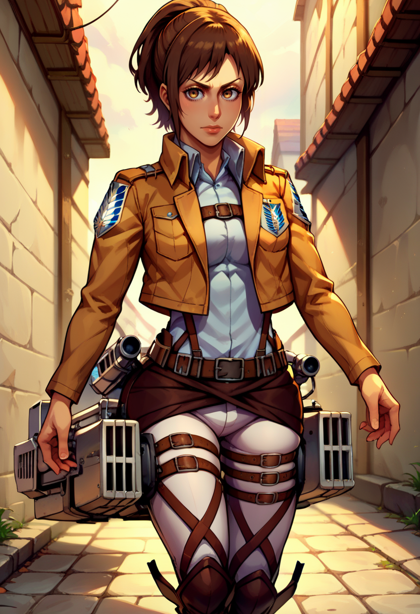 score_9, score_8_up, score_7_up, score_9, BREAK,  <lora:SashaBrausSDXL:1> SashabrausSDXL, 1girl, solo, looking at viewer,  short hair,  brown hair,  jacket, ponytail, boots, belt, pants, uniform, thigh strap, knee boots, emblem, paradis military uniform, three-dimensional maneuver gear, survey corps (emblem), training corps (emblem), wide hips,