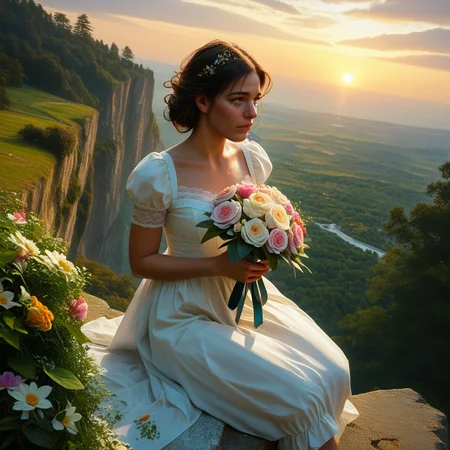 score_9, score_8_up, score_7_up, source_photo, 8k skin textures,,high_quality_photography, source_photo, highly_detailed, very_aesthetic, beautiful, realistic,pretty woman,sitting on a cliff,above ocean,sunset,crying,holding valentine,bouquet of flowers thrown on the ground, man walking away in background,zPDXL2