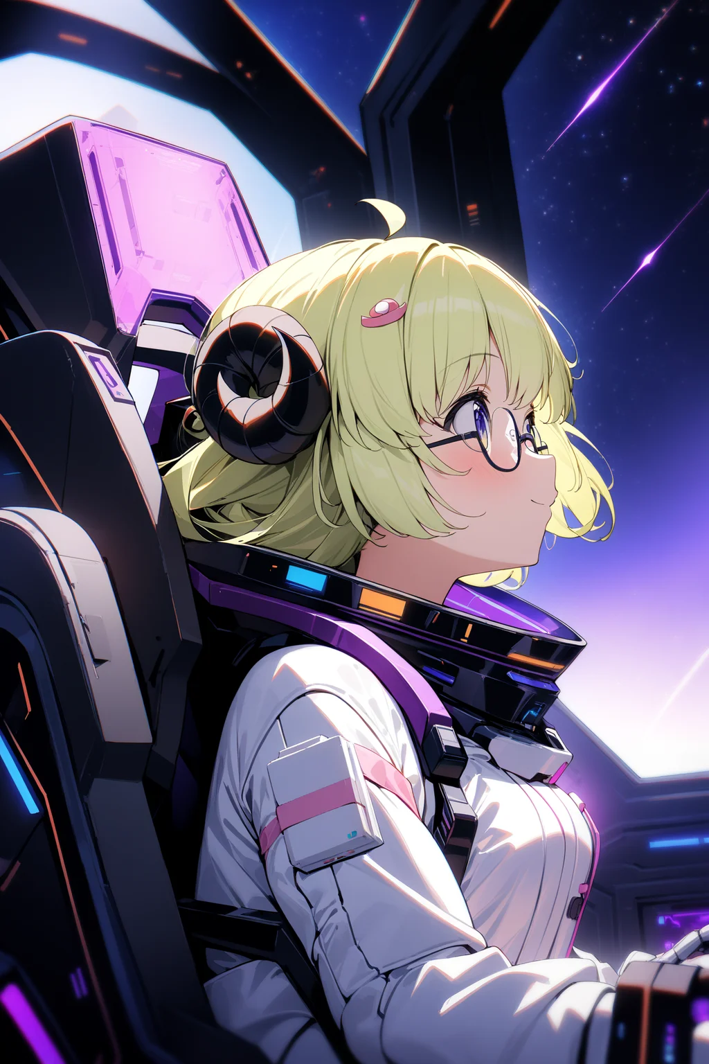 1girl, tsunomaki watame, hololive, masterpiece, best quality, very aesthetic, absurdres, intricate detail, (sheep horn:0.8), cute, (wellington glasses), cute white spacesuit, look up, piloting in a spaceship cockpit, (starry skies:1.1), professional photography, angled view, (purple chromatic light), <lora:add-detail-xl:1>