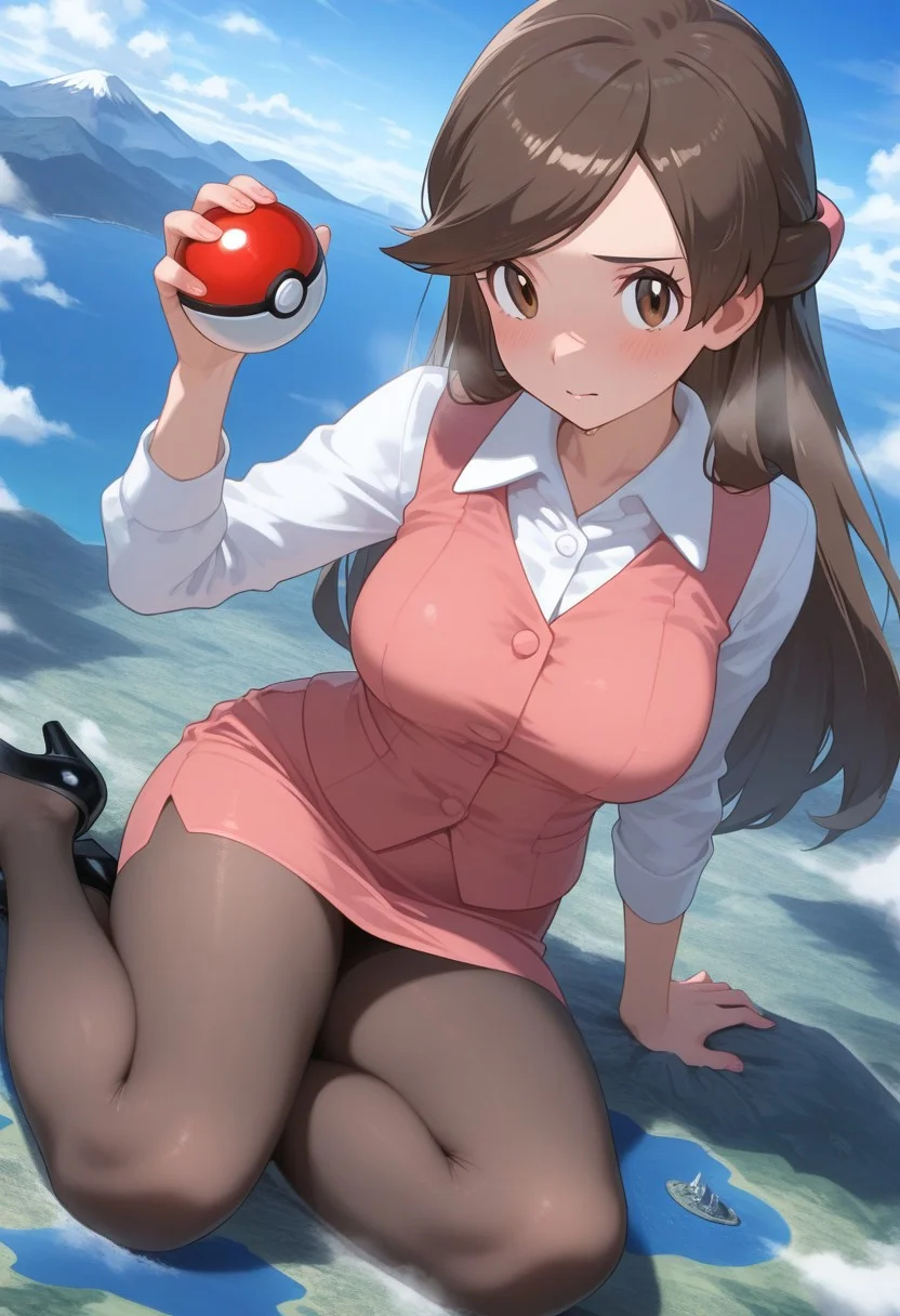 2d, masterpiece, best quality, amazing quality, highres, absurdres, newest, 1girl, solo, sitting, yokozuwari, from above, dutch angle, looking at viewer, day, sky, medium breasts, olbw, office worker \(pokemon\), office lady, brown eyes, long hair, brown hair, hair ornament, pink vest, white shirt, collared shirt, long sleeves, pink skirt, pencil skirt, black pantyhose, high heels, black footwear,tall,adult,holding pokeball,
giantess,giga size,landscape,cloud,mountain,liver,sea,