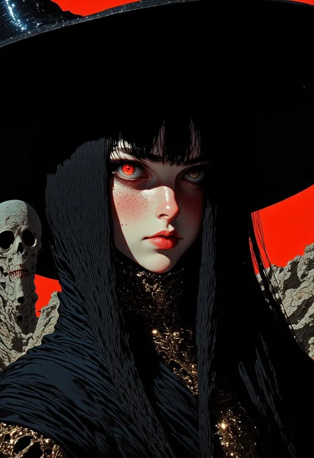 A hyper-detailed, photorealistic extreme close-up captures a freckled witch with deadly gaze in dramatic lighting, her deep neckline partially veiled beneath cascading strands of thick, raven-black hair. Her porcelain skin contrasts with the inky darkness enveloping her, each freckle appearing distinct under the moody illumination. Her smile exhaling an unseen whisper, while her eyes—partially obscured by shadow—glow with an eerie intensity as she follows something unseen above. The heavy fabric of her wide-brimmed witch’s hat bends subtly at the edges, casting a soft, cinematic shadow across her high cheekbones. Streaks of desaturated crimson and inky black highlight her hair, enhancing the spectral monochrome palette. Behind her, an ethereal specter takes shape—a haunting apparition of a rococo princess, its translucent form barely clinging to reality. The ghostly figure flickers between existence and nothingness, its intricate lace gown and powdered curls distorting like a corrupted memory, its eerie, frozen smile radiating a silent threat. Glitch-like distortions ripple through its presence, sending shivers through the air. The background pulses with an unnatural RGB spectral gradient, neon hues shifting unpredictably like a broken screen struggling to contain something beyond comprehension. The scene is an intoxicating blend of gothic horror and surreal elegance, where beauty and terror intertwine in a moment frozen between dimensions.