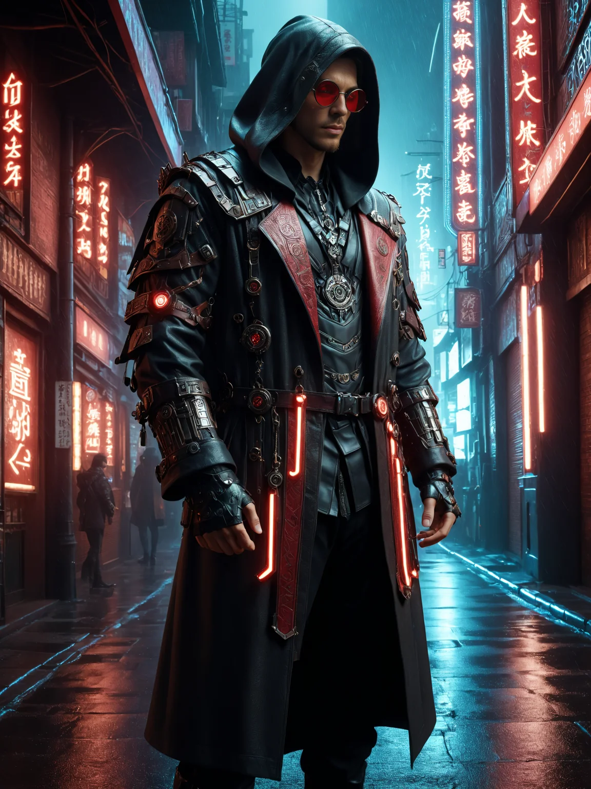 cinematic photo with dramatic lighting, dynamic pose, man, mad-hrmtcwzrd, hooded_leather_robe, red tinted glasses, intricatly ornated, magic runes, magical items, elegant cyberpunk street, neon signs, rain, Looking over the shoulder pose<lora:Neon_Cyberpunk_SDXL_Hermetic_Wizard:0.8>, masterpiece, best quality, ultra high res, (photorealistic, realistic:1.2), deep shadow, raw photo, film grain, Fujifilm XT3, 8k uhd, dslr