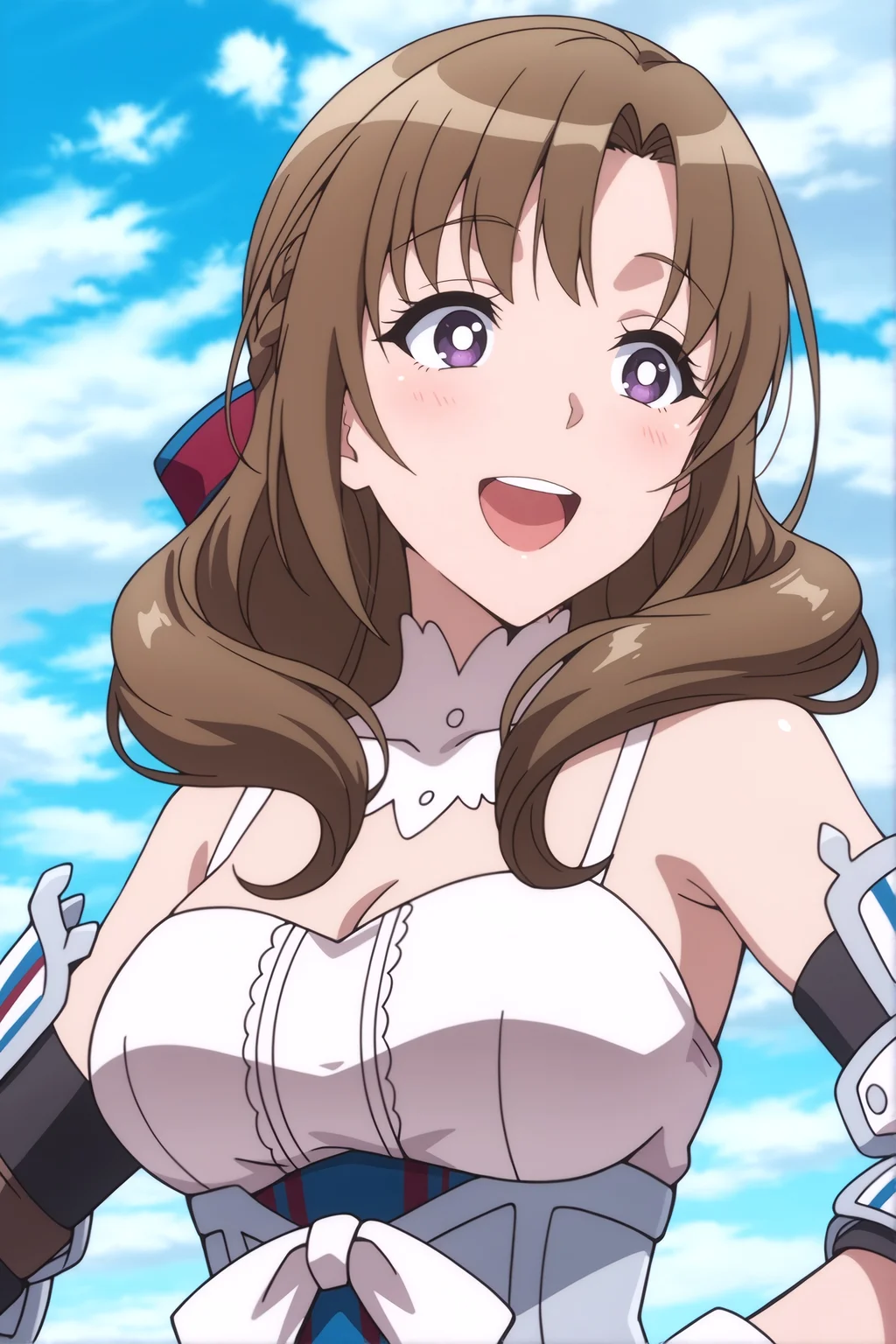<lora:MamakoEternal2kPP:0.8> Mamako Oosuki, battle dress, light brown hair, purple eyes, smiling, open mouth, red and blue hair ribbon, white collar, striped arm bracers, white battle gown, blue sky, white clouds background