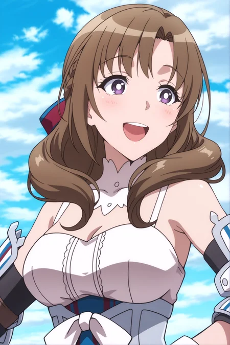 <lora:MamakoEternal2kPP:0.8> Mamako Oosuki, battle dress, light brown hair, purple eyes, smiling, open mouth, red and blue hair ribbon, white collar, striped arm bracers, white battle gown, blue sky, white clouds background