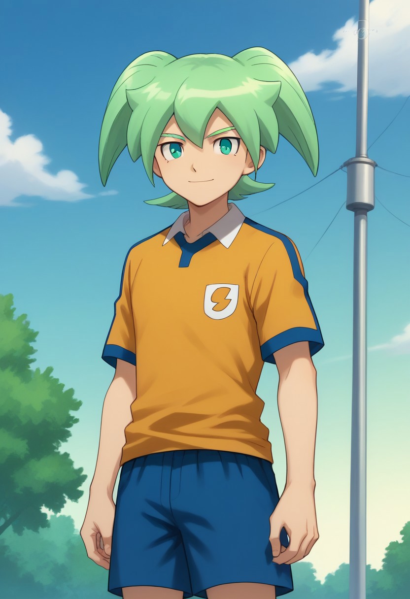 score_9, score_8_up, score_7_up, source_anime, highly detailed, 
feirun, 1boy, male focus, solo, green hair, twintails, green eyes, sportwear, raimon, raimon soccer uniform, shirt, yellow shirt, short sleeves, shorts, blue shorts, smile
outdoor, sky, cloud, tree