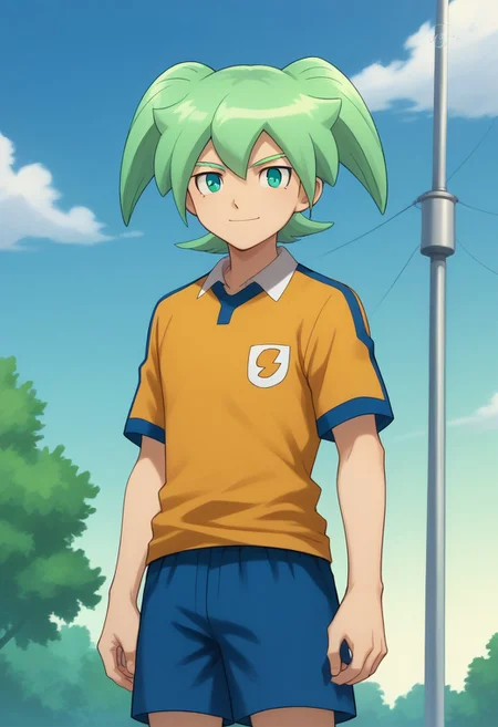 score_9, score_8_up, score_7_up, source_anime, highly detailed,
feirun, 1boy, male focus, solo, green hair, twintails, green eyes, sportwear, raimon, raimon soccer uniform, shirt, yellow shirt, short sleeves, shorts, blue shorts, smile
outdoor, sky, cloud, tree