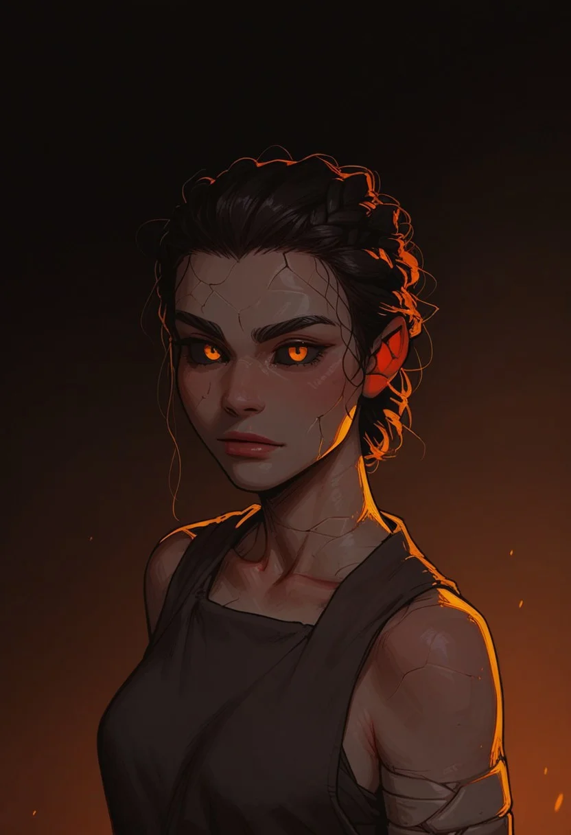 (score_9, score_8_up, score_7_up). (line work, excellent drawing, highest quality, extremely detailed:1.2). solo, 1girl, ((((stone girl, stone skin, stone body)))), earth elemental, glowing skin, cracked skin, black sclera, glowing orange eyes, ((stone hair), black hair), braid, g0thicPXL, romantic, source_cartoon, depth of field, dark background, dark background, medium distance, semirealistic, pinup pose, simple tunic,