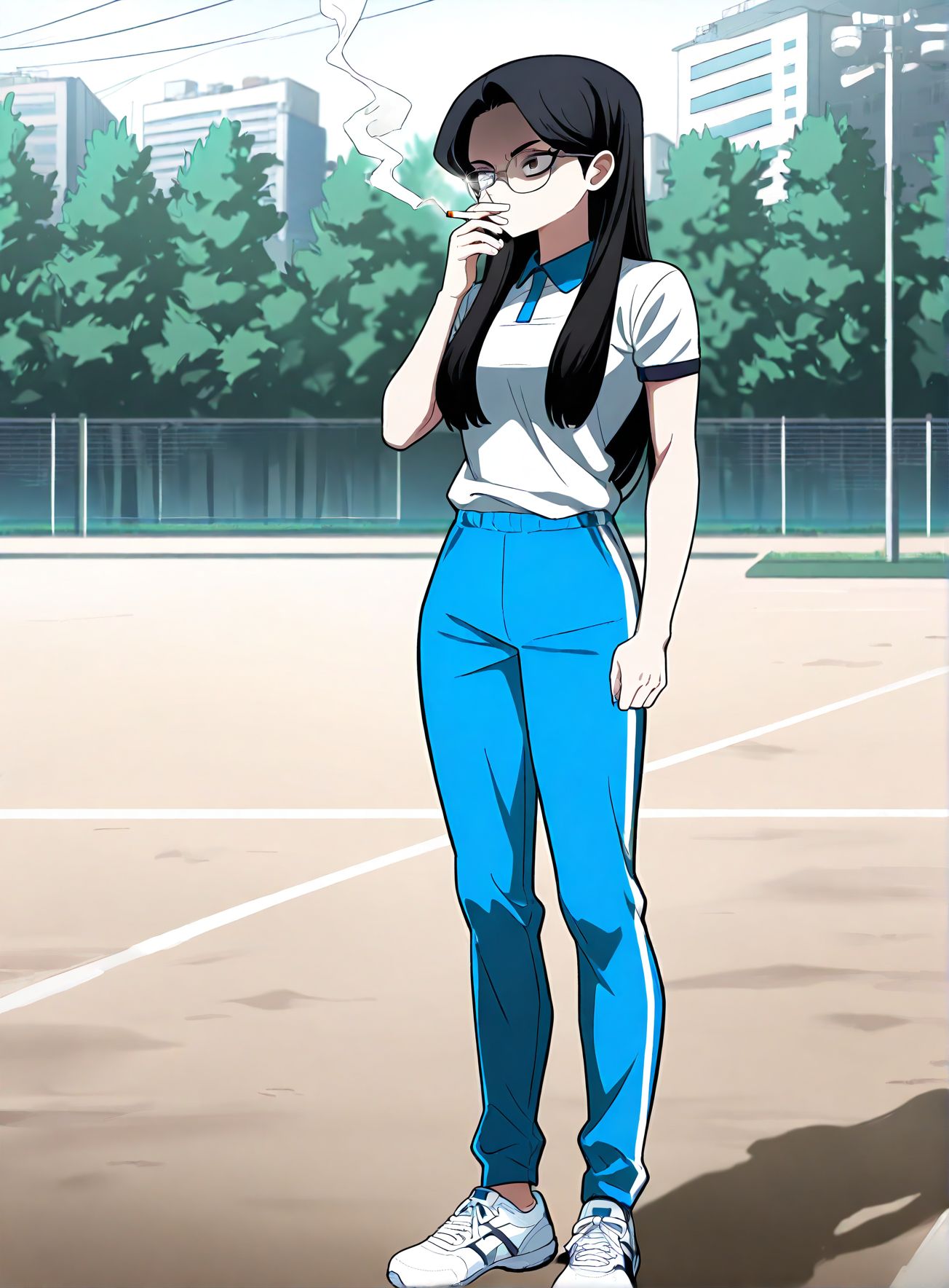 masterpiece,best quality,anime coloring,anime screenshot,
<lora:add-detail-xl:0.5>
<lora:Plaything:1>PlaythingV1,
1girl,glasses,short sleeves, 
solo,long hair,black hair,sneakers, 
gym uniform, shaded face, outdoors, 
p_class_president,pants, blue collared ,
full body, standing, holding cigarette, 
 blue pants,smoking,