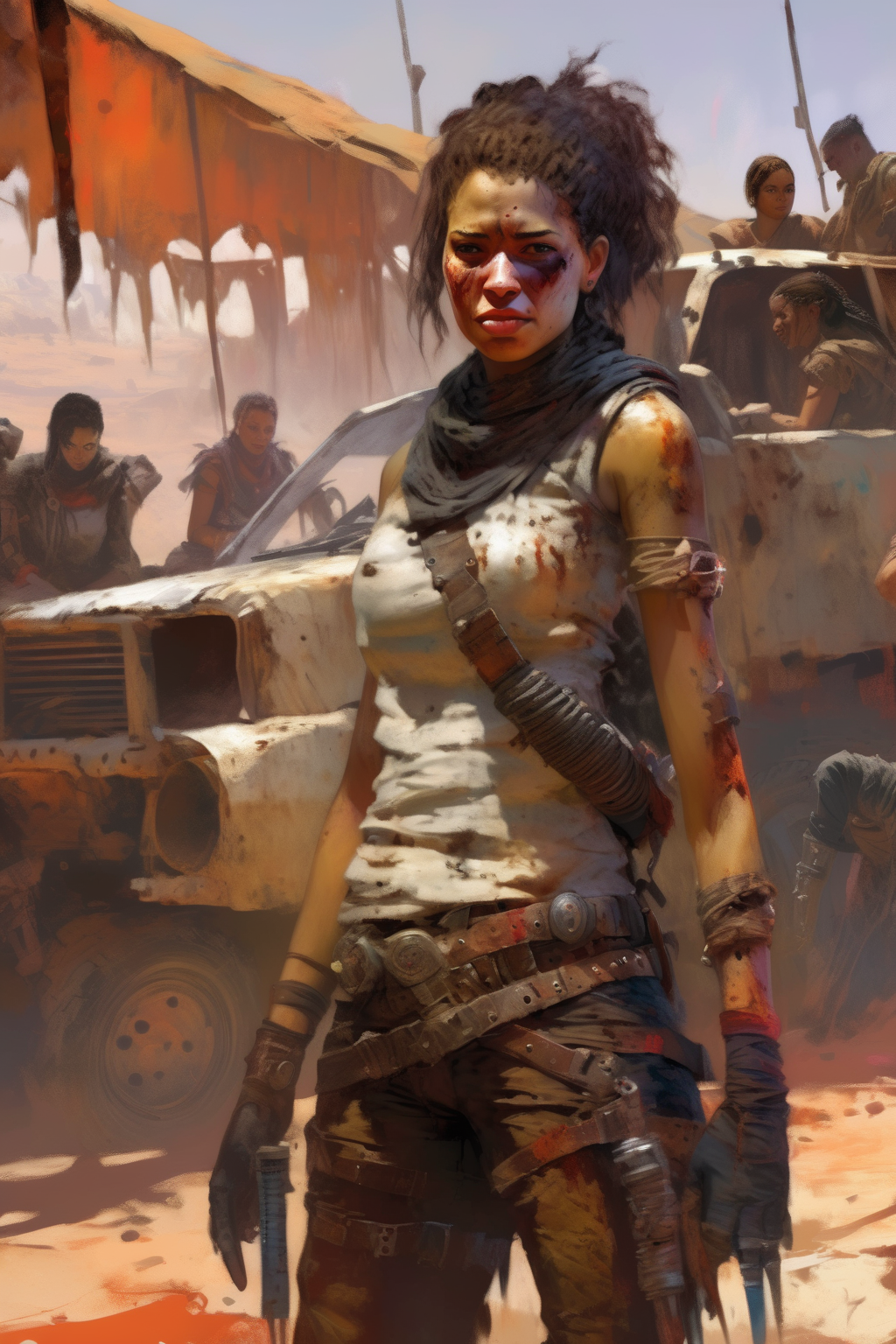 <lora:Craig Mullins Style:1>Craig Mullins Style - art by Craig Mullins, impressionism, colorful, Mad Max visuals, A resilient female mixed race medic tends to the wounds of her fellow survivors in the unforgiving backlands of Minas Gerais. Her steady hands and empathetic gaze are a source of comfort and strength for those who have been battered by the harsh reality of their world. Compassionate, skilled, resilient, nurturing, colorful, art