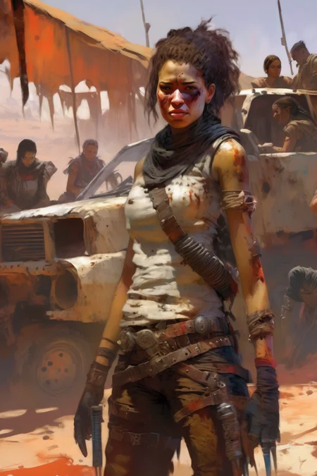 <lora:Craig Mullins Style:1>Craig Mullins Style - art by Craig Mullins, impressionism, colorful, Mad Max visuals, A resilient female mixed race medic tends to the wounds of her fellow survivors in the unforgiving backlands of Minas Gerais. Her steady hands and empathetic gaze are a source of comfort and strength for those who have been battered by the harsh reality of their world. Compassionate, skilled, resilient, nurturing, colorful, art