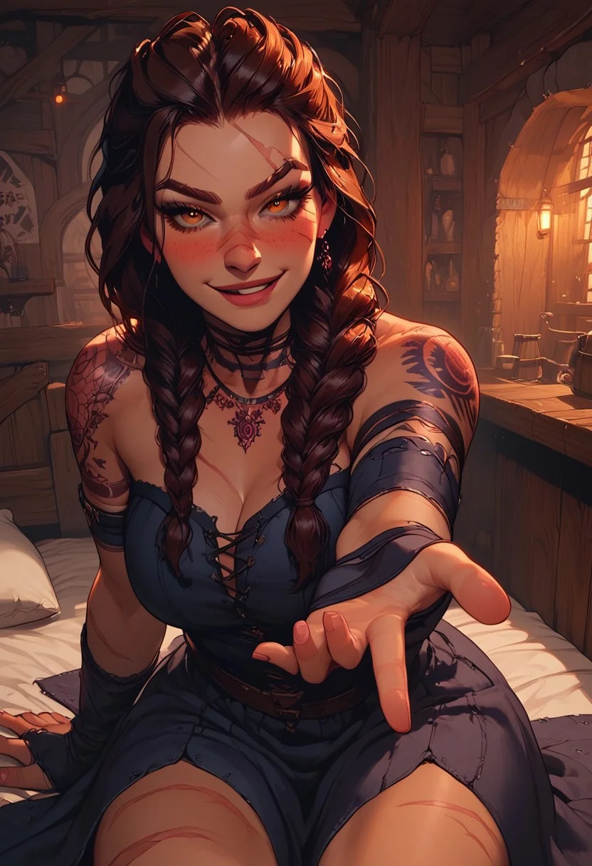 Score_9, Score8_up, Score_7_up, (((High Resolution, Best Quality))),
1girl, beautiful face, lean muscle, muscle mass, warpaint, detailed eyes, braided ponytail, medieval clothing, arm straps, bridal gloves, large breasts, many scars, wide hips, toned, tattoo, jewelry, beautiful lights,
Hand over crotch, smirk, confident, drunk,
legs spread, blushing, beckoning, reaching towards viewer,
inside, tavern bedroom, sitting on bed, pillows, fur blanket, dynamic pose, dynamic angle,