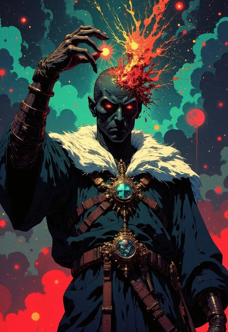 This high-quality digital artwork depicts a faceless god, holding up his hand to his face, holding the universe in his palm, getting ready to destroy all that it's birthed and created in one quick motion. The god has is has no face. Instead, where the gods face would be is a smooth, featureless, black surface, consumed by darkness with a swarm of beautiful stars scattered. The faceless god is clothed in an elegantly designed, dark, lightly armored robe, with a white fur collar, that covers the spirits torso and arms. The background features a universe with colorful twinkling stars. The camera angle is leveled, looking at the faceless god, emphasizing it's gut wrenching situation. The depth of field is wide, keeping everything in sharp focus, highlighting every magnificent detail. The overall aesthetic quality is very high, showcasing excellent use of lighting and composition. CAICO