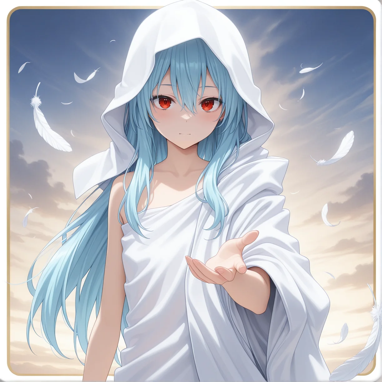 masterpiece, amazing quality, colorful, <lora:raphael-v1-000009:1> ts-raphael, 1other, white hooded_robe, right bare shoulders, red eyes, falling feathers, androgynous, reaching towards viewer, (aged up:0.5), upper body, card \(medium\),
