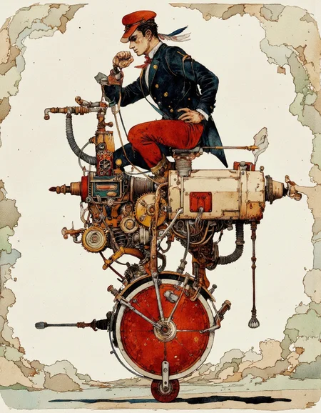 Art by Akiya Kageichi.
An illustration that features an imaginative and surreal scene. The central figure is a person riding a fantastical, steampunk-style contraption that resembles a mechanical unicycle. The rider is a man with a muscular build, wearing a dark, fitted jacket, red pants, and a red cap with a feather. His posture suggests a sense of motion and determination as he balances on the unicycle, which is adorned with intricate, colorful, and metallic components. The unicycle has a large, round, red wheel in the front and smaller, more detailed mechanical parts in the back, including gears, pipes, and a variety of other steampunk elements. The background is a textured, off-white canvas with subtle, abstract splashes of color, adding to the surreal atmosphere. The overall style is a blend of steampunk and abstract art, with bold, dynamic lines and a mix of warm and cool colors, creating a visually striking and whimsical composition. The image captures a sense of adventure and creativity, emphasizing the intersection of human ingenuity and mechanical marvels.
