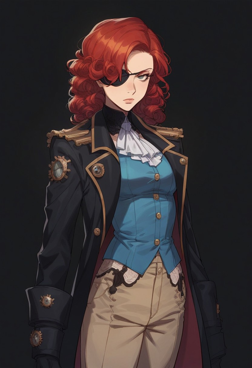 score_9, score_8_up, score_7_up, women, simple background, black background, human, official state dark blue clothing, long black coat, steampunk outfit, solo, standing up straight, serious face, a patch over his eye, red hair, аfro shoulder-length curls, pants, young,  steampunk detective clothes