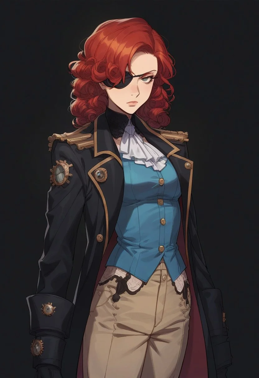 score_9, score_8_up, score_7_up, women, simple background, black background, human, official state dark blue clothing, long black coat, steampunk outfit, solo, standing up straight, serious face, a patch over his eye, red hair, аfro shoulder-length curls, pants, young,  steampunk detective clothes