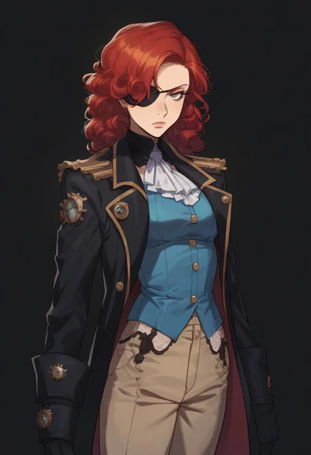 score_9, score_8_up, score_7_up, women, simple background, black background, human, official state dark blue clothing, long black coat, steampunk outfit, solo, standing up straight, serious face, a patch over his eye, red hair, аfro shoulder-length curls, pants, young, steampunk detective clothes