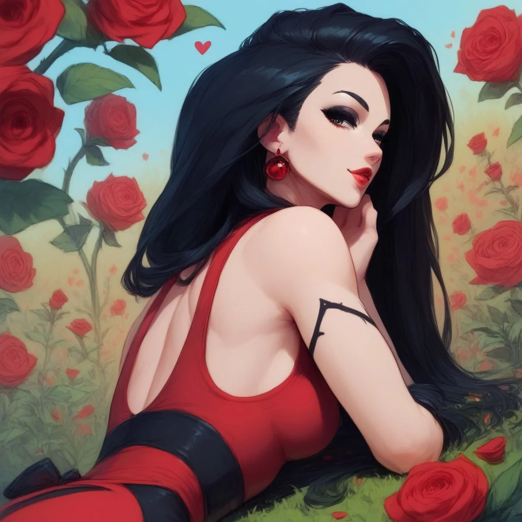 score_9, score_8_up, csr style, score_7_up, score_6_up, 1girl, best quality, glowing, neon, close up, low angle, side view, medium breasts, covered, red clothing, black clothing, ornate dress, lying on stomach, looking at viewer, long hair, black hair, outdoors, field, sunset, flowers, roses, rose petals, hearts, red theme