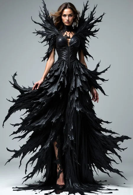 **Fashion photograph of a woman wearing a melting black dress. The Fabric of the dress is liquidizing and slowly melting off her body. Dynamic pose. Modern, conceptual fashion. The Woman is looking at the camera. Confident and fierce. Melting wax like effect on dress. Black dress is detailed, intricate and elaborate. Thin rivulets of melting fabric drip onto the ground at her feet. Editorial, Vogue, avante garde. If melting tar could be spun into a dress. Beautiful. Ultra detailed. Photo realistic**