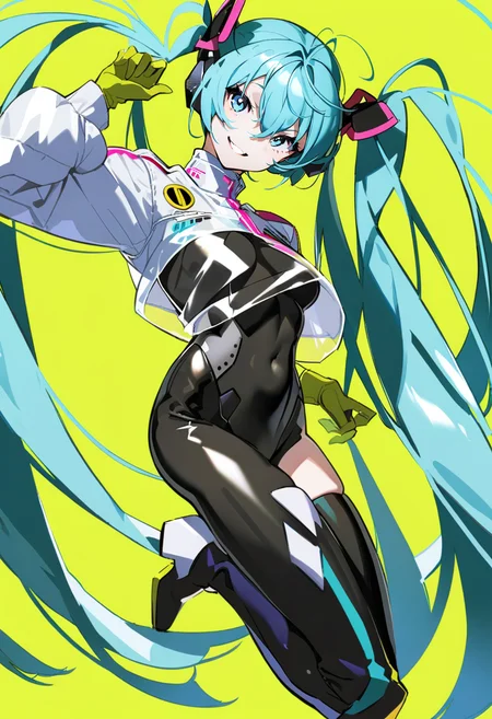 masterpiece, best quality, <lora:yoneyamaiXL_ANI31_lokr_V4302:0.95> 1girl, solo, long hair, hatsune miku, twintails, racing miku, very long hair, cropped jacket, yellow background, black bodysuit, bodysuit, smile, simple background, gloves, jacket, white jacket, thighhighs, looking at viewer, aqua hair, aqua eyes, full body, long sleeves, floating hair, boots, single thighhigh, green gloves, thigh boots, breasts, grin, hair between eyes, parted lips, blue eyes, covered navel, two-tone gloves, smiley face, black thighhighs