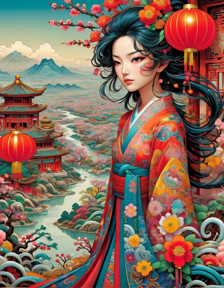by Moebius and Hiromu Arakawa, (neo-pop, masterful, beautiful:1.4), poster art, bold lines, hyper detailed, expressive, award winning, (scenery:1.4), (intricate details, masterpiece, best quality:1.4), looking at viewer, dynamic pose, wide angle view, ral-springfestival <lora:ral-springfestival:1>