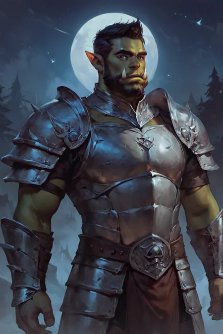 score_9, score_8_up, score_7_up, rating_safe, concept art, realistic, 1boy, solo, male focus, mature male, orc, green skin, tusks, blue eyes, short hair, black hair, facial hair, beard, mustache, looking at viewer, armor, shoulder armor, breastplate, pauldrons, upper body, closed mouth, standing, outdoors, night, night sky, dark background <lora:Concept Art Twilight Style SDXL_LoRA_Pony Diffusion V6 XL:1>