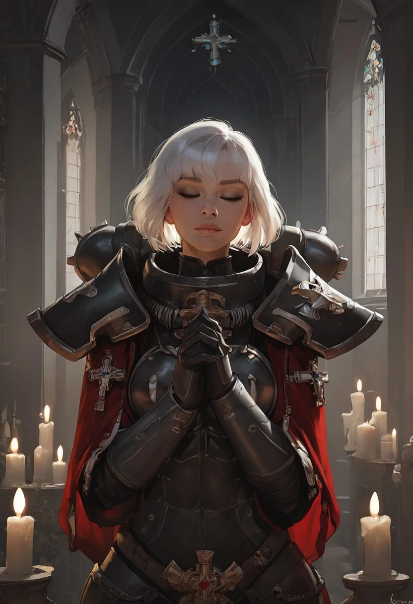 masterpiece, best quality, highly detailed, score_9, score_8_up, score_7_up, score_6_up, Expressiveh,1girl, Sororitas, s0r0r1t@s, white hair, short hair, bob haircut, bangs, makeup, freckles, sororitas, sister of battle, armor, shoulder armor, pauldrons, power armor, toned, natural breasts, kneeling, praying, eyes closed, moonlight, soft smile, beautiful background, cathedral, church, candlelight, night, moonlight, beautiful lighting, dramatic lighting,