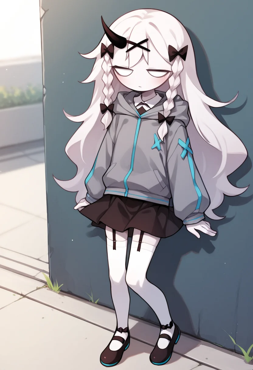 masterpiece, best quality, uncensored, source_anime BREAK score_9, score_8_up, score_7_up, score_6_up, score_5_up, score_4_up, 1girl, solo, rasazyfnf, single horn, white eyes, no pupils, jitome, long hair, white hair, white skin, twin braids, x hair ornament, hair bow, Expressiveh, grey jacket, hood, long sleeves, cyan lines, black skirt, white thighhighs, black footwear, shoes, bow, garter straps, outdoors, full body <lora:Expressive_H:0.6> <lora:add-detail-xl:0.5> <lora:Rasazy_MFM_Fnf:0.8>