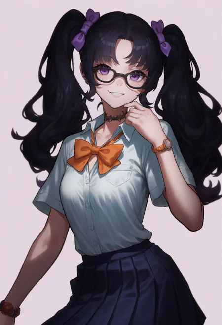 score_9, score_8_up, score_7_up, score_6_up, ekrea jan style,
1girl, solo, looking at viewer, simple background, light smile, long hair, black hair, twintails, sidelocks, glasses, purple eyes school uniform, white collared shirt, short sleeves, purple bow, orange bow,
<lora:ekrea_jan_style_v1:0.8>,
<lora:fix_hands:1.5>,