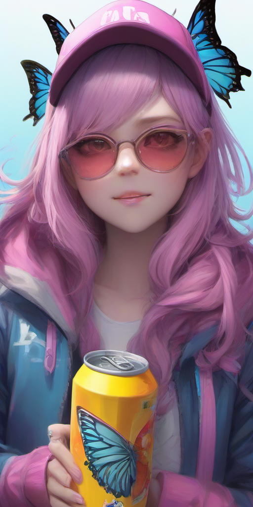 Masterpice,High Quality,portrait,photorealistic,realistic,
 <lora:PE_ButterflyLady:0.7> PEButterflyLady, 
wearing a baseball cap,jacket,soda can in hand,