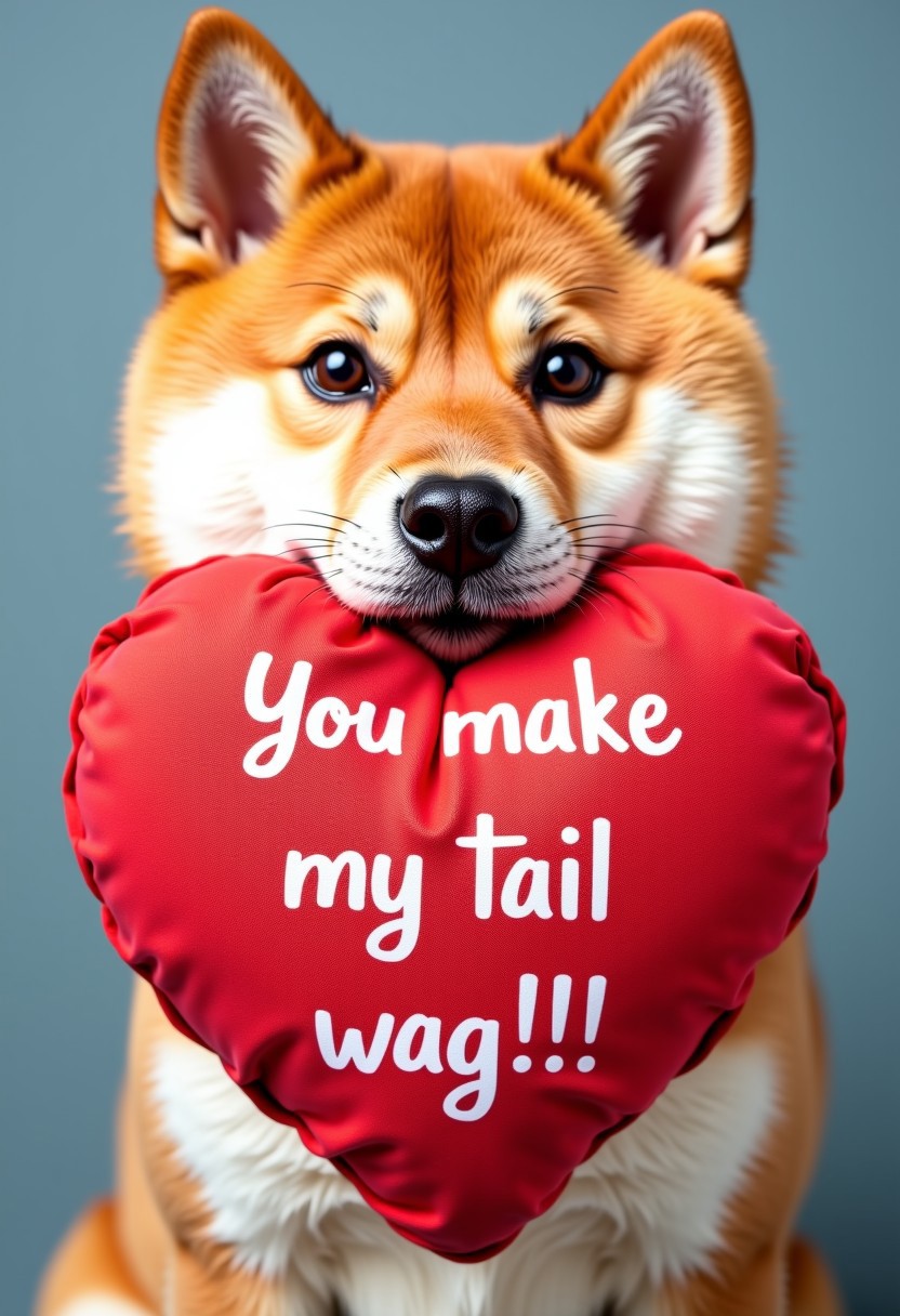 A shiba dog heart-shaped cushion in its mouth with the words “You make my tail wag!!!” written on it, aidmaTextImprover,