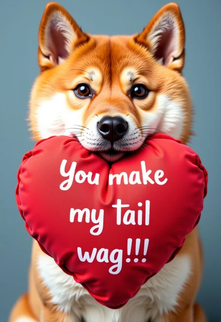 A shiba dog heart-shaped cushion in its mouth with the words “You make my tail wag!!!” written on it, aidmaTextImprover,