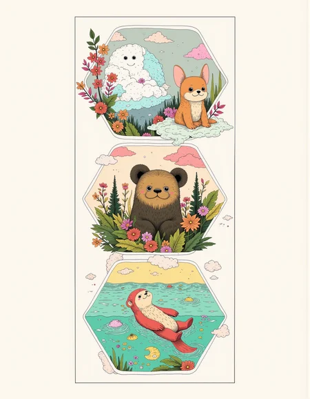 A triptych graphic illustration split into three equal geometric-shaped panels. Geometric asymmetrical division of a three-part artwork that fluidly showcases three unique fictitious creatures: a fluffy cloud sprite, a tiny forest guardian, and a playful sea otter. The cloud sprite panel features an adorable creature made of soft, white fluff with pastel blue accents, floating among whimsical clouds. The forest guardian panel features a small, chubby creature with oversized ears, a green leafy body, and sparkling amber eyes, surrounded by vibrant flora. The playful sea otter panel features a charming otter with a shiny, golden-brown coat and bright, curious eyes, floating on its back in crystal-clear water with a playful turquoise theme. An overall whimsical, neo-seventies story arc with muted colors represents each creature's lore and identity.
<lora:Glitchcore_Flux:0.4> gl1tchc0re <lora:Darkcore:0.4> darkcore <lora:Poisoncore Flux:0.4> poisoncore <lora:creepcute-000001:0.5> cr33p <lora:Dieselcore:0.3> d1eselc0re