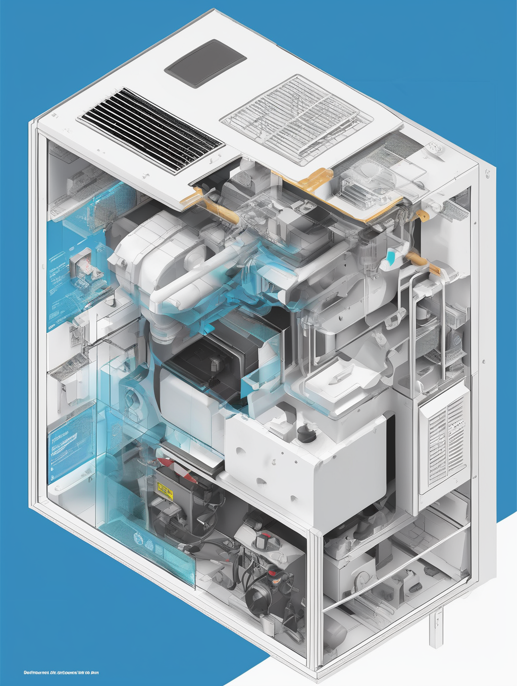 <lora:Isometric Cutaway:1>Isometric Cutaway - A helpful guidebook with a vibrant cover featuring the Panasonic FV-0511VK2 Ventilation Fan, showcasing its sleek design, energy-efficient features, and advanced technology, surrounded by icons representing different troubleshooting steps, Illustration, digital artwork,
