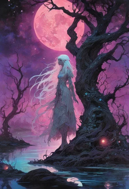 CreepyCuteMagical, A moonlit swamp where the water glows a neon blue, reflecting the stars above. A mysterious girl with luminous white hair sits on a rock, her eyes wide and otherworldly. Her dress is tattered but shimmers with enchanted patterns, like constellations come to life. Around her, glowing frogs and eerie flowers bloom, their colors shifting between bright pinks and purples. In the distance, skeletal trees twist toward the sky, and strange shapes ripple under the waterâs surface. The scene is hauntingly beautiful, with soft mist and gentle glowing lights creating a dreamy, eerie atmosphere.
