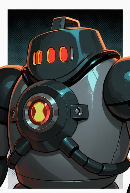 <lora:nrg-06:1> nrg, solo, robot, no humans, armor, red eyes, 3 eyes,, masterpiece, best quality, amazing quality, very aesthetic, absurdres, newest,, upper body, halftone effect, white borders, abstract background:1.2,