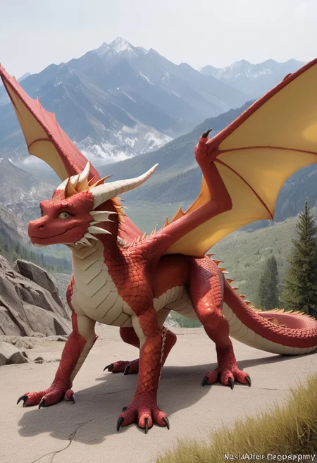 score 9, score 8 up, 1girl, masterpiece, <lora:MegaScalyPony:1>, MegaScalyPony, scales, no_humans, feral, red dragon, all fours, dragon horns, dragon tail, dragon wings, outdoors, mountain,realistic photograph, professional photographer,