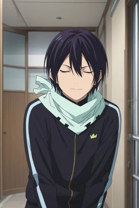 score_9, score_8_up, score_7_up, , rating_safe, intricate details, anime screencap, , , looking at viewer, depth of field, 1boy, solo, male focus, <lora:yato_noragami_pony:1>, yato_noragami, black hair, blue eyes, short hair, hair between eyes, scarf, profile, highway, indoors, leaning forward, (closed eyes:1.2), smile, , <lora:sdxl_lightning_8step_lora:1>